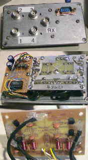 Top - The exterior view of the antenna switch showing the connectors.  Middle:  The circuit boards.  Bottom:  The switching board itself.